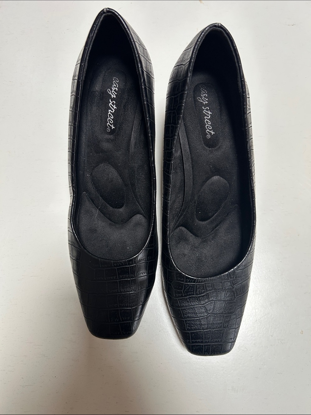 easy street Black Croc-Embossed Square-Toe Flats
